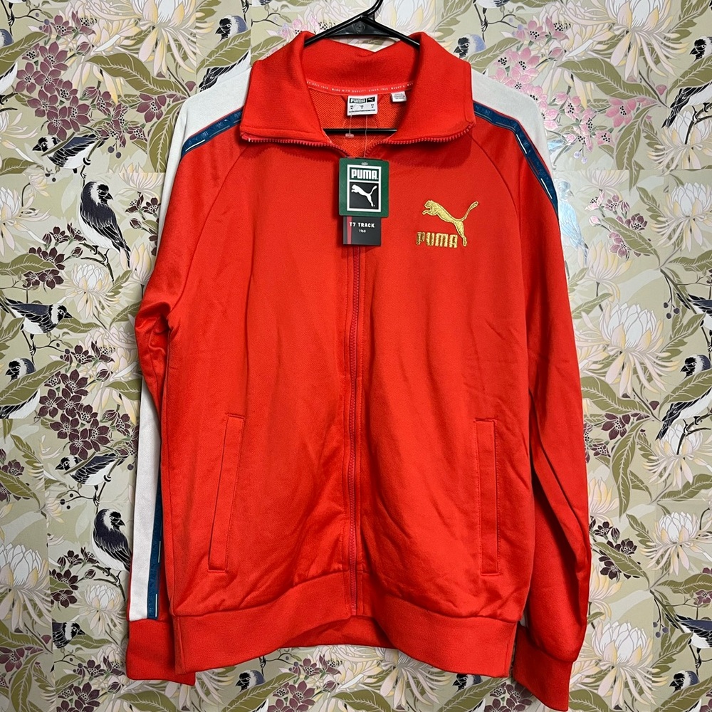 Puma Men's Vibrant Red Jacket with White and Blue Stripes